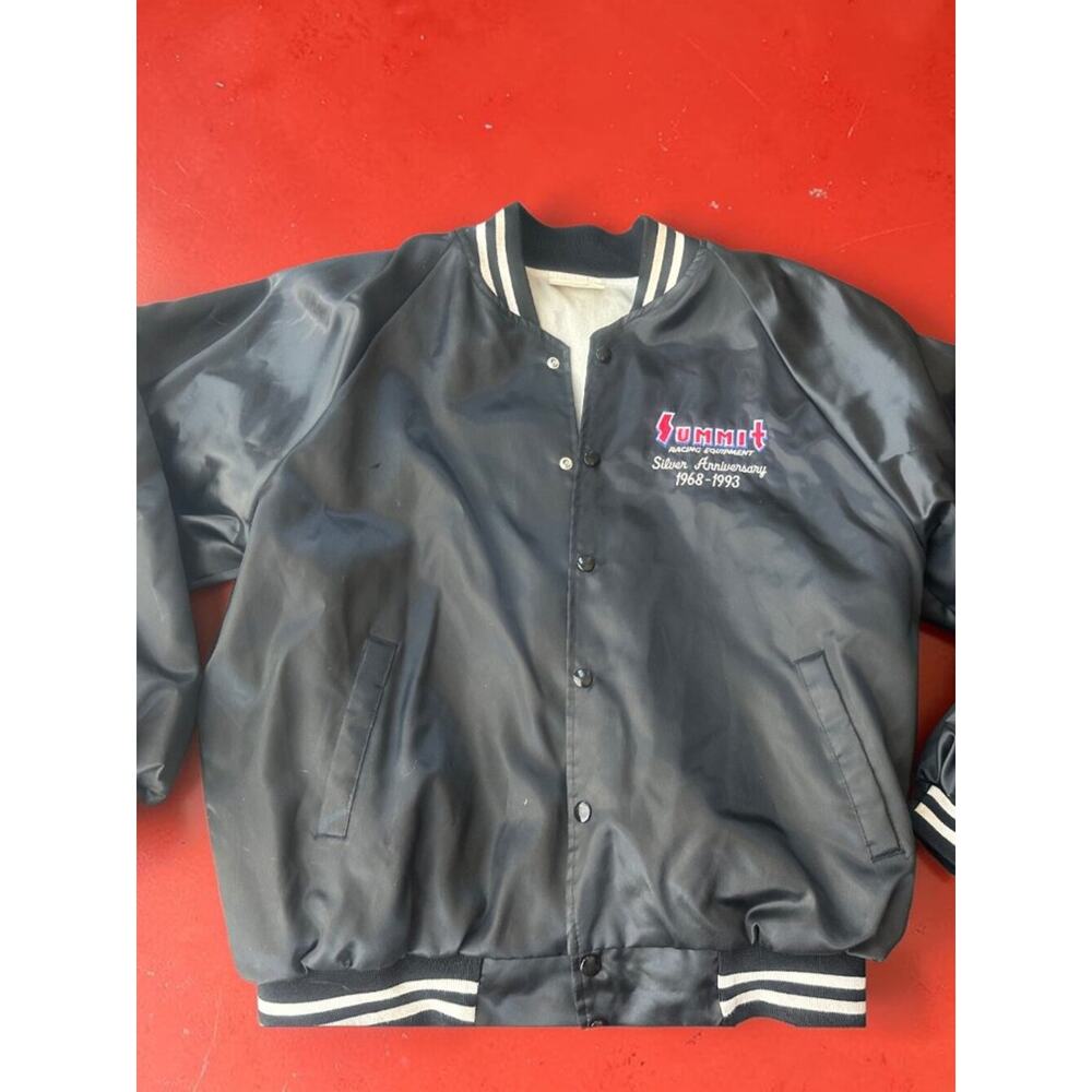 Vintage 1993 Summit Racing Equipment Satin Bomber Jacket Mens M Black Snap Fro